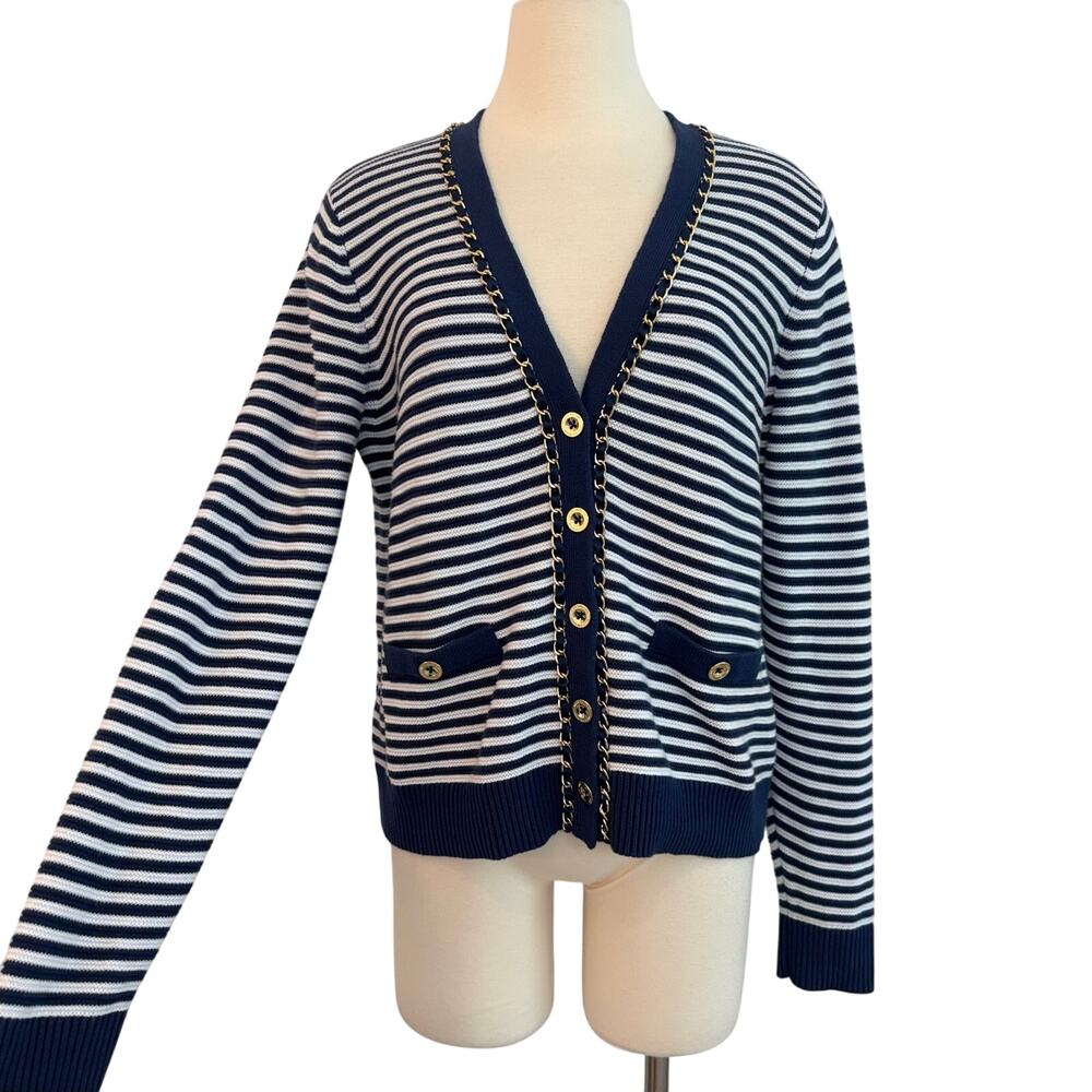 Lilly Pulitzer Wrenlee Cardigan Sweater Cotton Knit Navy White Stripe L